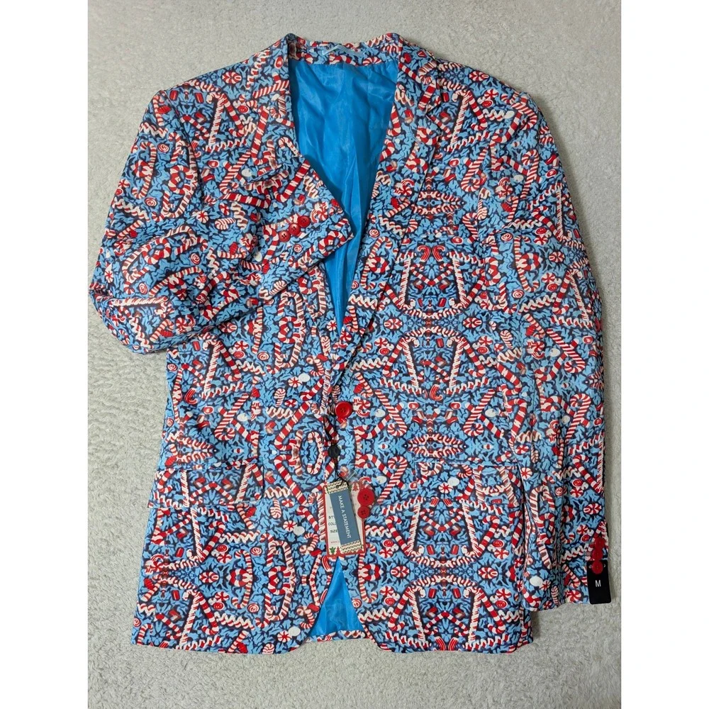 NEW! Suslo Couture Blazer Mens Med Blue Candy Cane Christmas Holiday CJ901-5 NWT